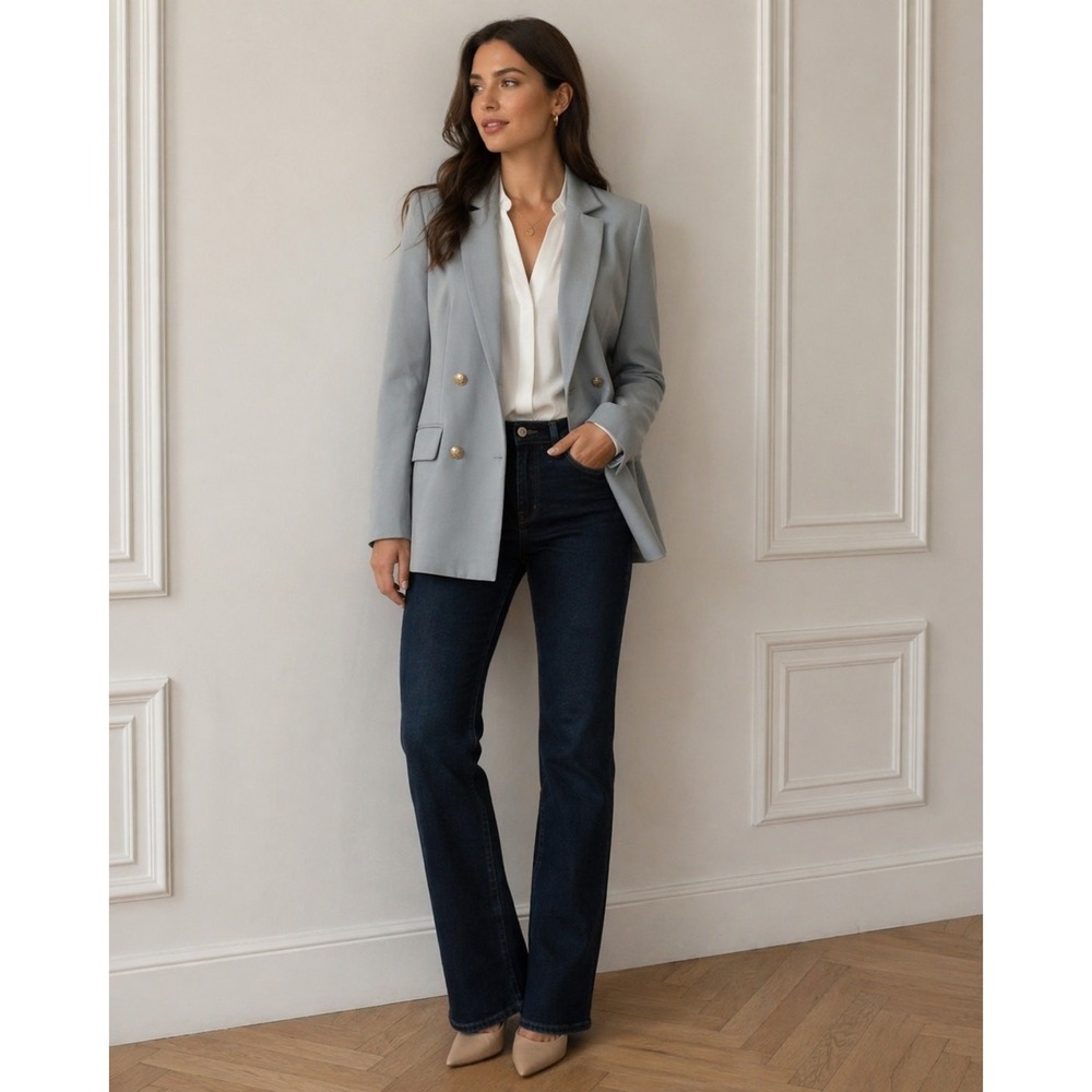 H&M Women Light Blue Double Breasted Blazer Gold Buttons Size 0